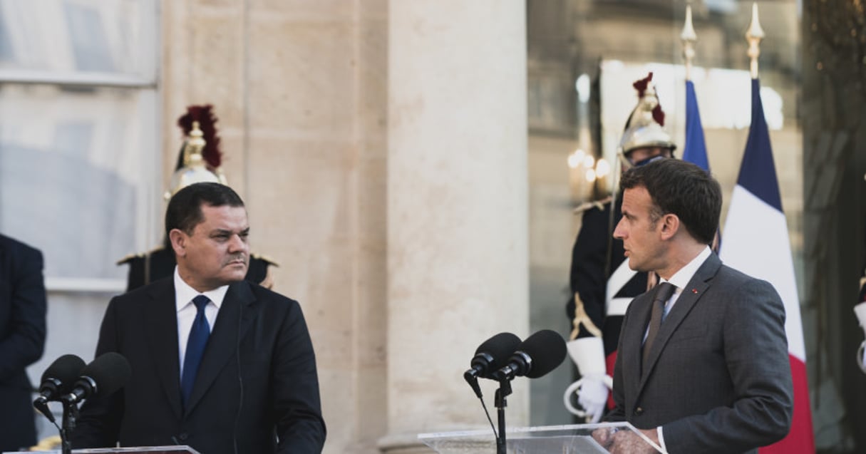 Le Premier ministre libyen Abdulhamid al-Dabaiba et le président français Emmanuel Macron, le 1er juin à Paris. © Elysée