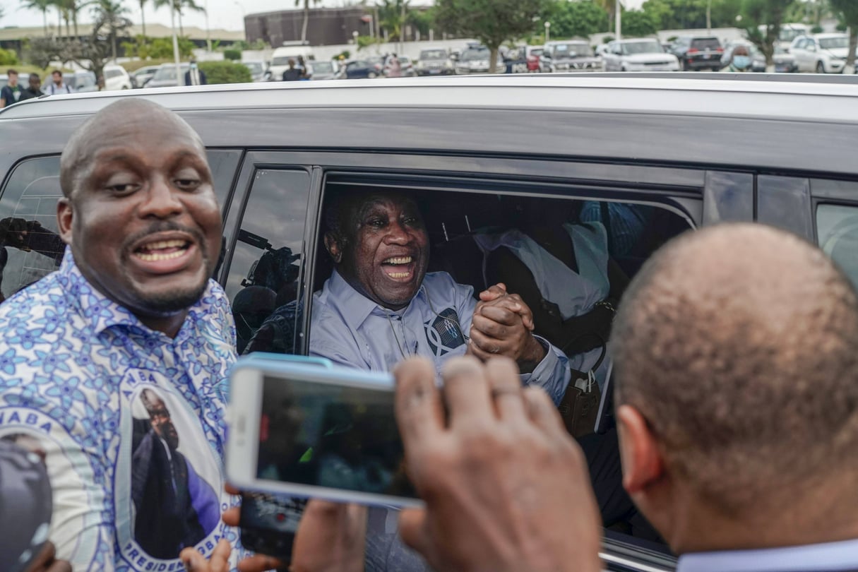 Laurent Gbagbo, à son arrivée à l’aéroport d’Abidjan, le 17 juin 2021. © Leo Correa/AP/SIPA