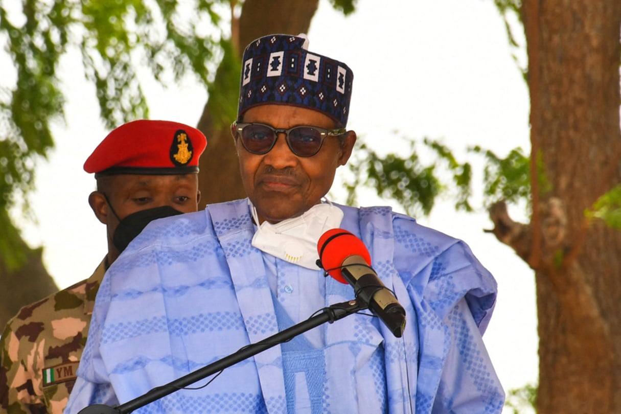 Le président nigérian Muhammadu Buhari  à Maiduguri, le 17 juin 2021. © AUDU MARTE/AFP