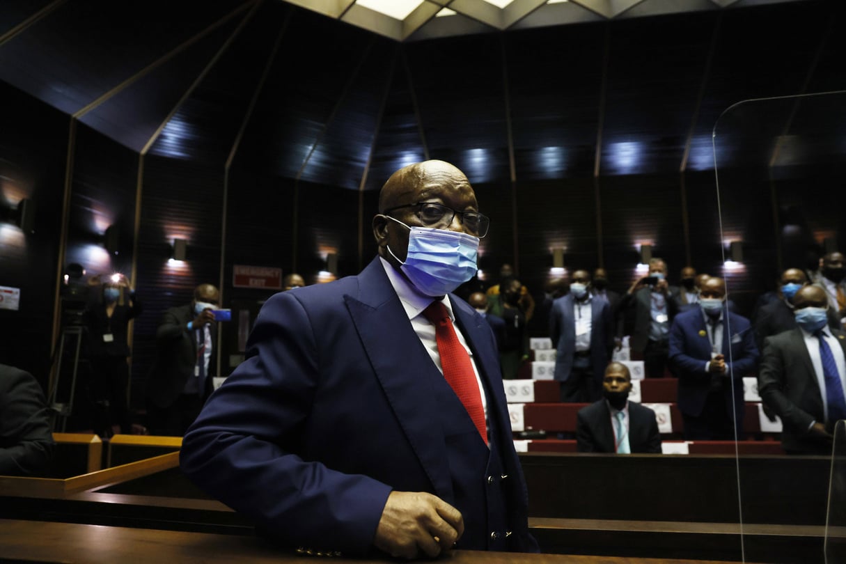 Jacob Zuma, le 25 mai 2021 à la Haute Cour, à Pietermaritzburg. © Phill Magakoe/AP/SIPA