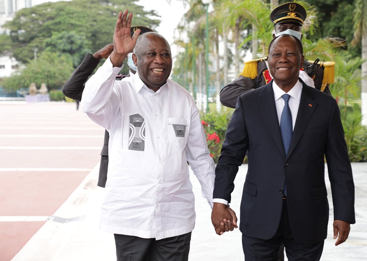 Laurent Gbagbo et Alassane Ouattara, le 27 juillet. © CYRILLE BAH/Anadolu Agency via AFP