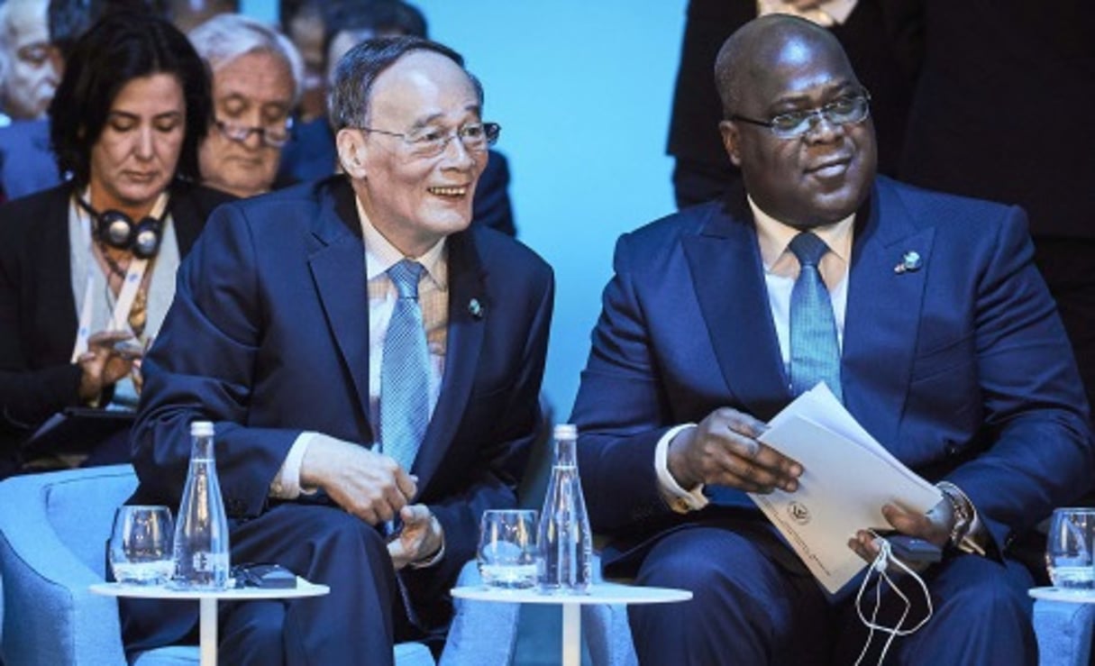 Le président congolais Félix Tshisekedi, au côté de Wang Qishan, vice-président de la République populaire de Chine, lors du Forum de la paix, à Paris, porte de la Villette, en novembre 2019. © Bruno Lévy pour Jeune Afrique