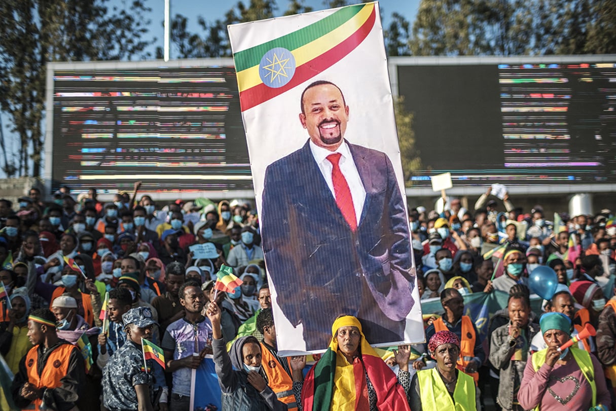 Portrait du premier ministre Abiy Ahmed lors d’un rassemblement à Addis-Abeba, en Éthiopie, le 7 novembre 2021. © EDUARDO SOTERAS/AFP