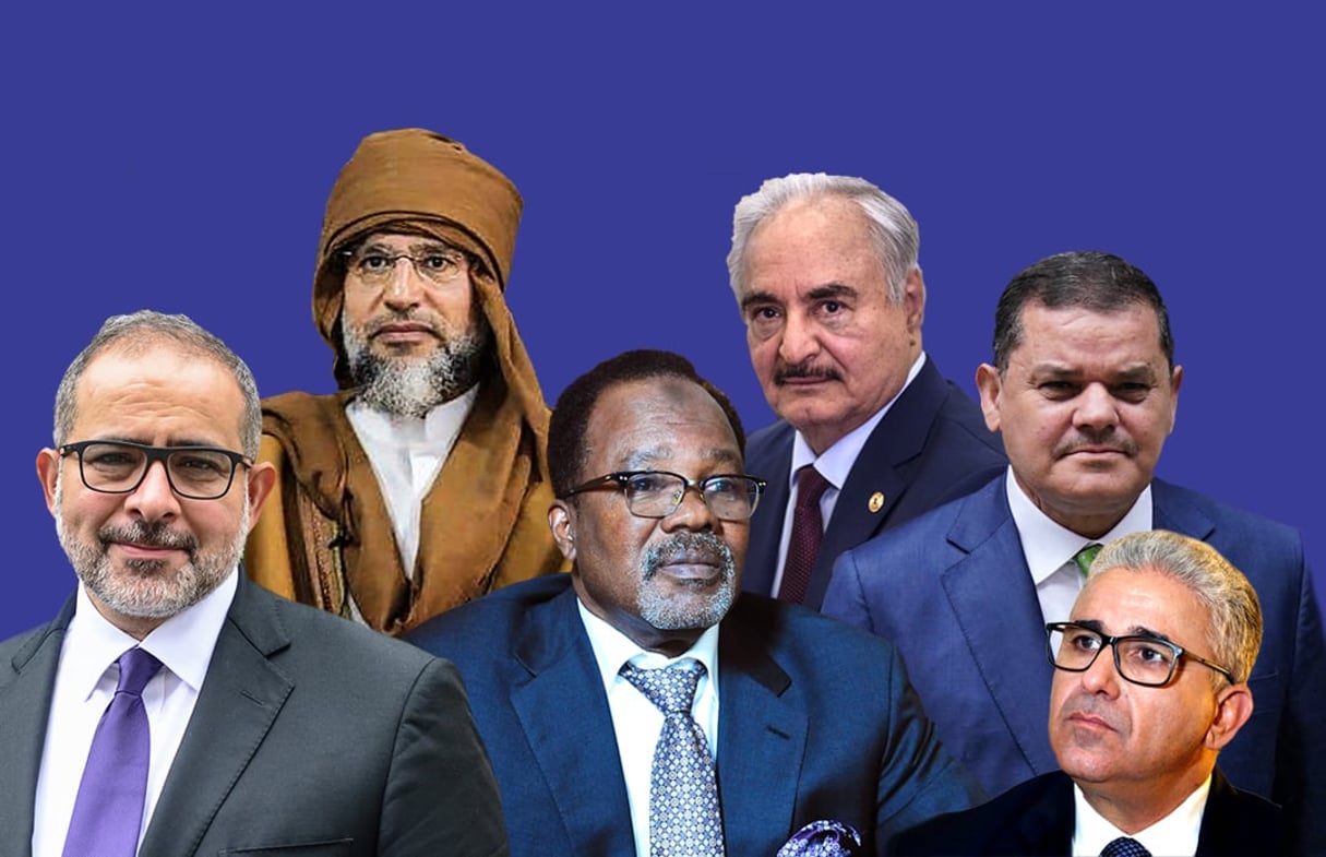 Les six têtes d’affiche de la présidentielle libyenne du 24 décembre 2021. seif el islam
khalifa haftar
abdulhamid dabaiba
aref ali nayed
bechir saleh
fathi bachagha

© Montage JA
