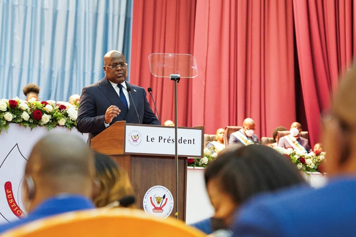 Le président de la RDC, Félix Tshisekedi, lors de son adresse à la nation, le 13 décembre 2021, à Kinshasa. © Hereward Holland/REUTERS