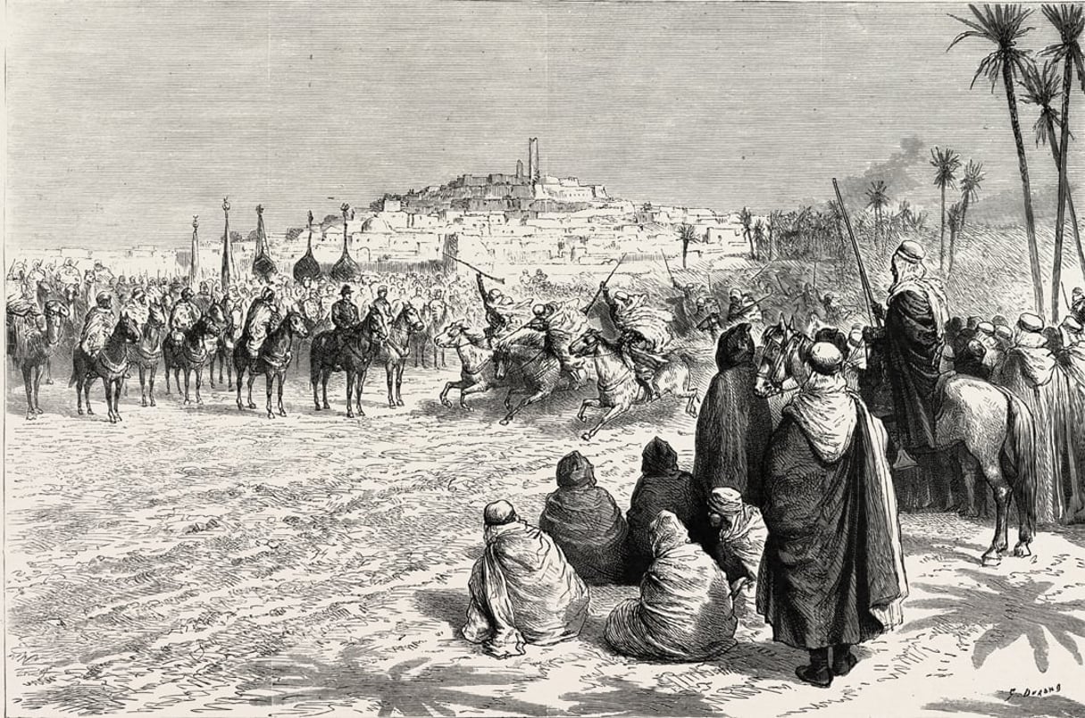 Une fantasia arabe à Gardaïa en l’honneur du gouverneur d’Alger, sur une gravure de 1892. © Aurimages via AFP