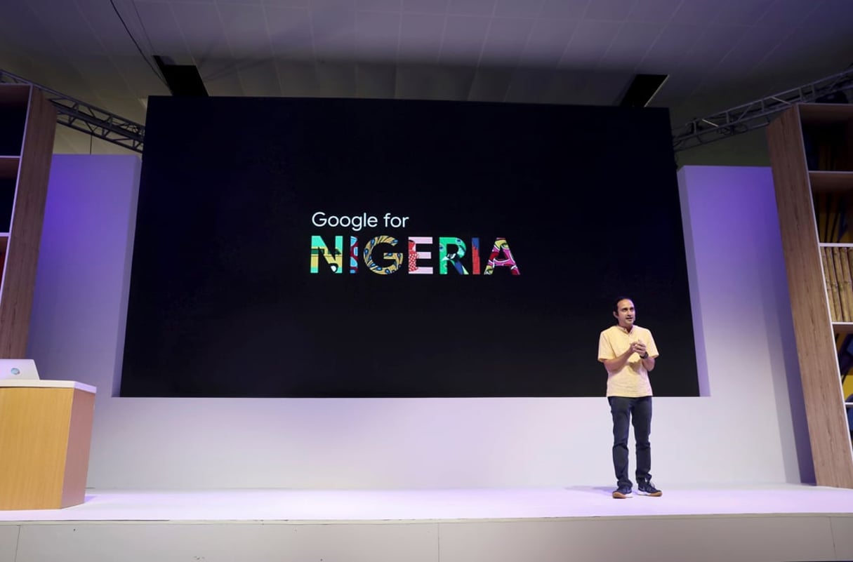 Nitin Kashyap, chef de produit Google de l’application Bolo, s’exprime sur scène lors de l’événement Google à Lagos, au Nigeria, le 24 juillet 2019. © Temilade Adelaja/Reuters