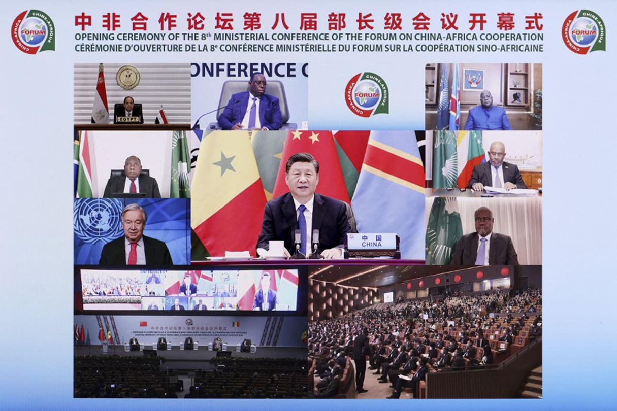 Discours en visioconférence du président chinois, XI Jinping, lors de la cérémonie d’ouverture du Forum sur la coopération sino-africaine (Focac) de Dakar, le 29 novembre 2021. © LIU BIN/ Xinhua via AFP