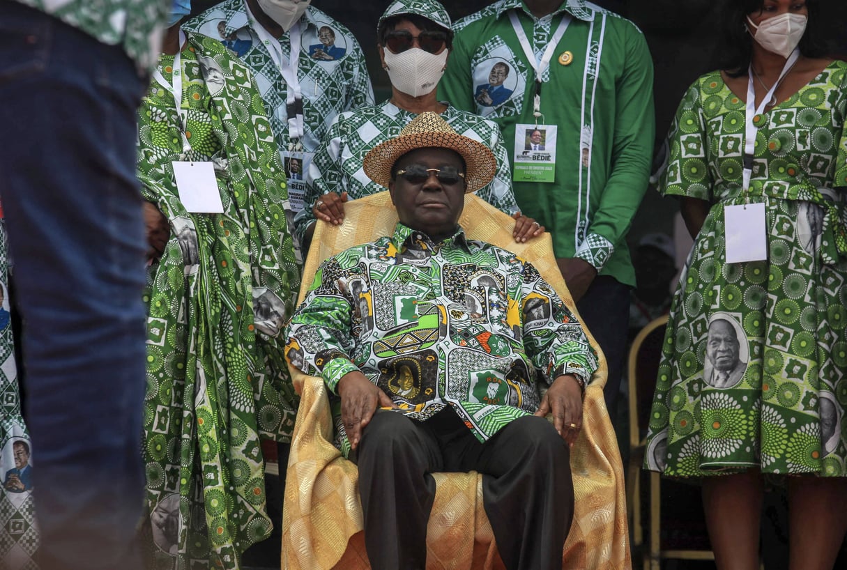 Henri Konan Bédié lors d’un meeting du PDCI, pendant la campagne présidentielle, le 21 septembre 2020, à Yamoussoukro. © Diomande Ble Blonde/AP/SIPA