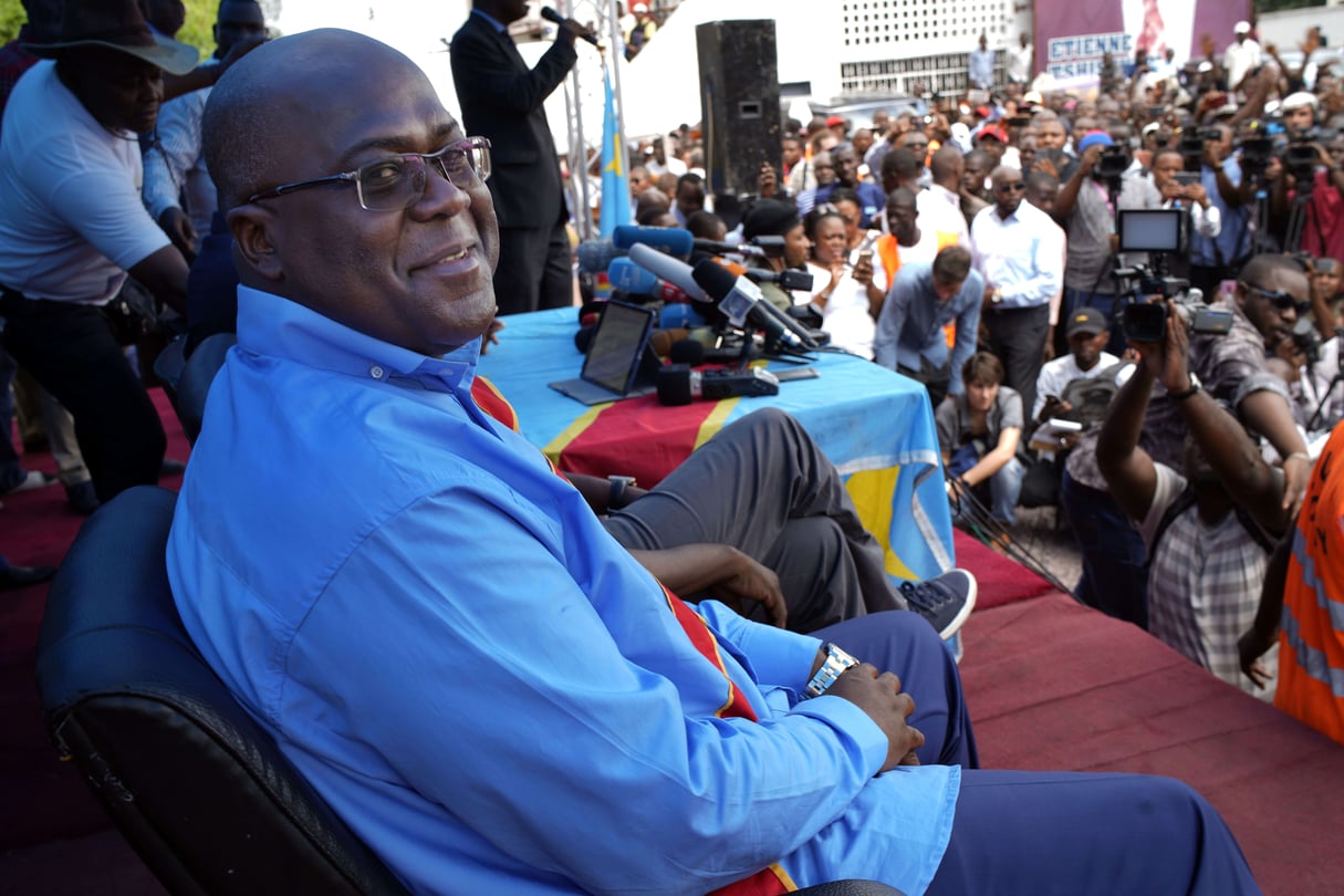 Félix Tshisekedi, alors candidat à la présidentielle, le 21 décembre 2018, au siège de l’UDPS, à Kinshasa. © Jerome Delay/AP/SIPA