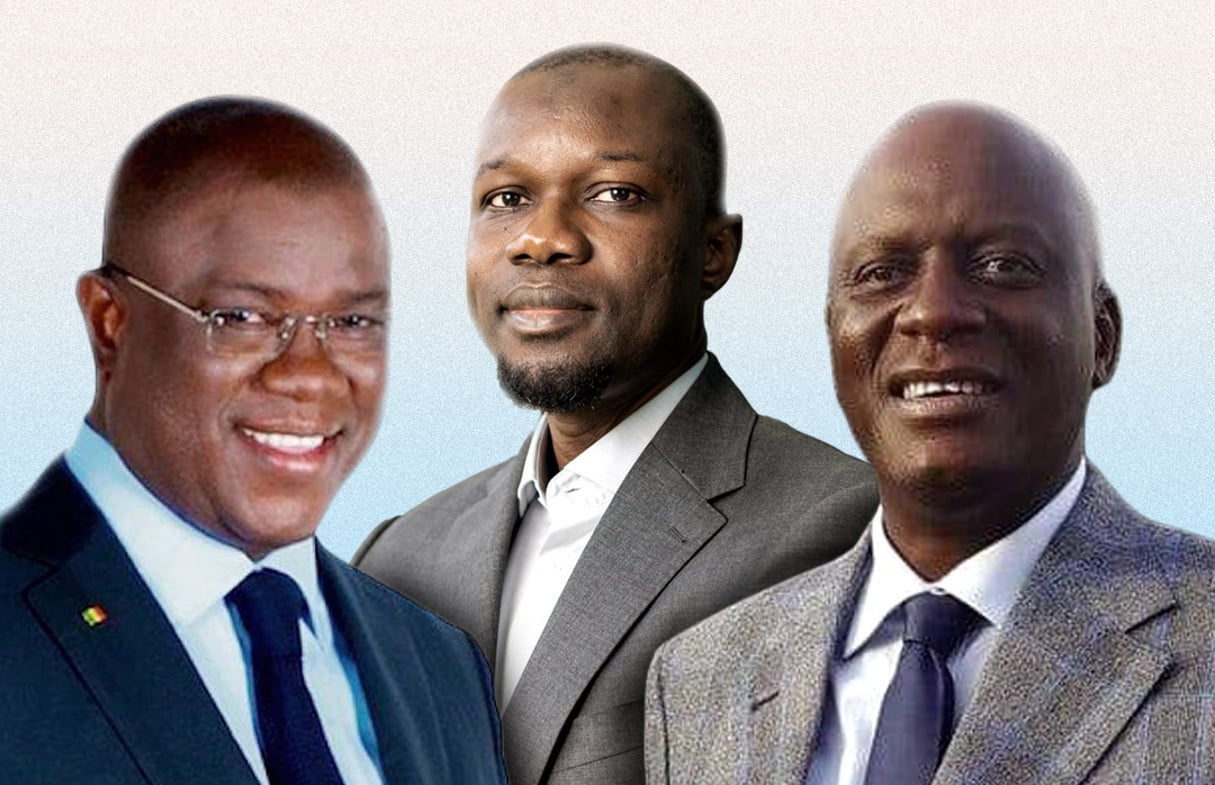 Les candidats Abdoulaye Baldé, Ousmane Sonko et Benoît Sambou. © Montage JA : DR ; Clément Tardif pour JA ; Facebook Benoit Sambou