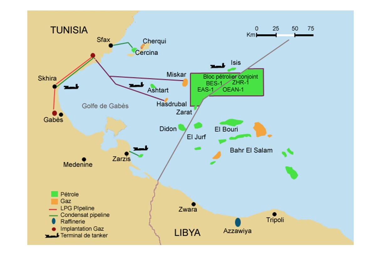  &copy; Carte des activités d&rsquo;hydrocarbures dans le golfe de Gabès produite par Serept, Société de recherche et d&rsquo;exploitation des pétroles en Tunisie. © JA et Serept