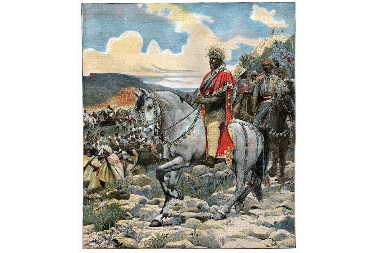 "Le Négus Ménélik lors de la bataille d'Adoua", une illustration du "Petit Journal", dans son édition du 28 août 1898. &copy; Archives Charmet/Bridgeman Images