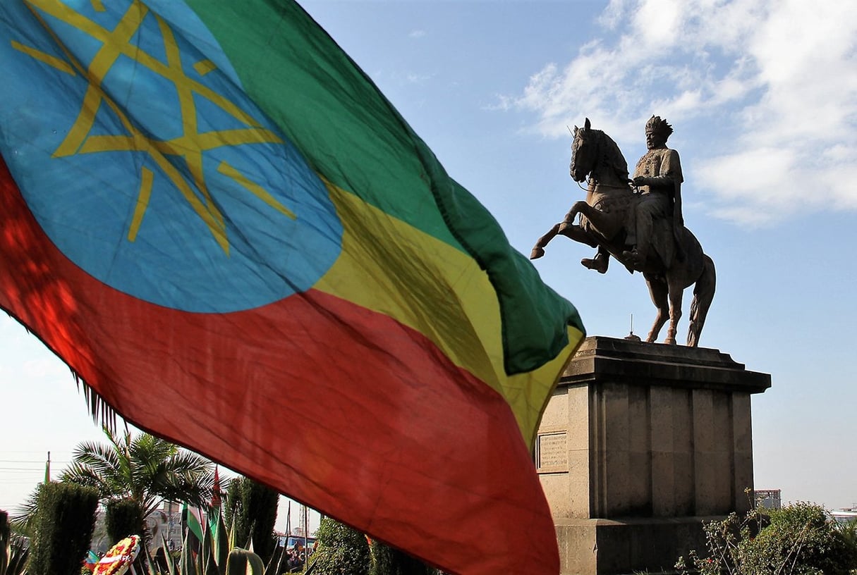 La statue du Négus Ménélik II, à Addis-Abeba, lors de la célébration du 121e anniversaire de la bataille d'Adoua, le 2 mars 2017. &copy; Mohammed Abdu Abdulbaqi/Anadolu Agency via AFP