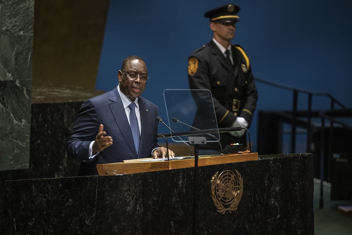 Le président de la République du Sénégal, Macky Sall, lors de la 78e session de l’Assemblée générale des Nations unies, au siège de l’ONU à Manhattan, New York, le 19 septembre 2023. © Dave Sanders/The New York Times/REDUX-REA