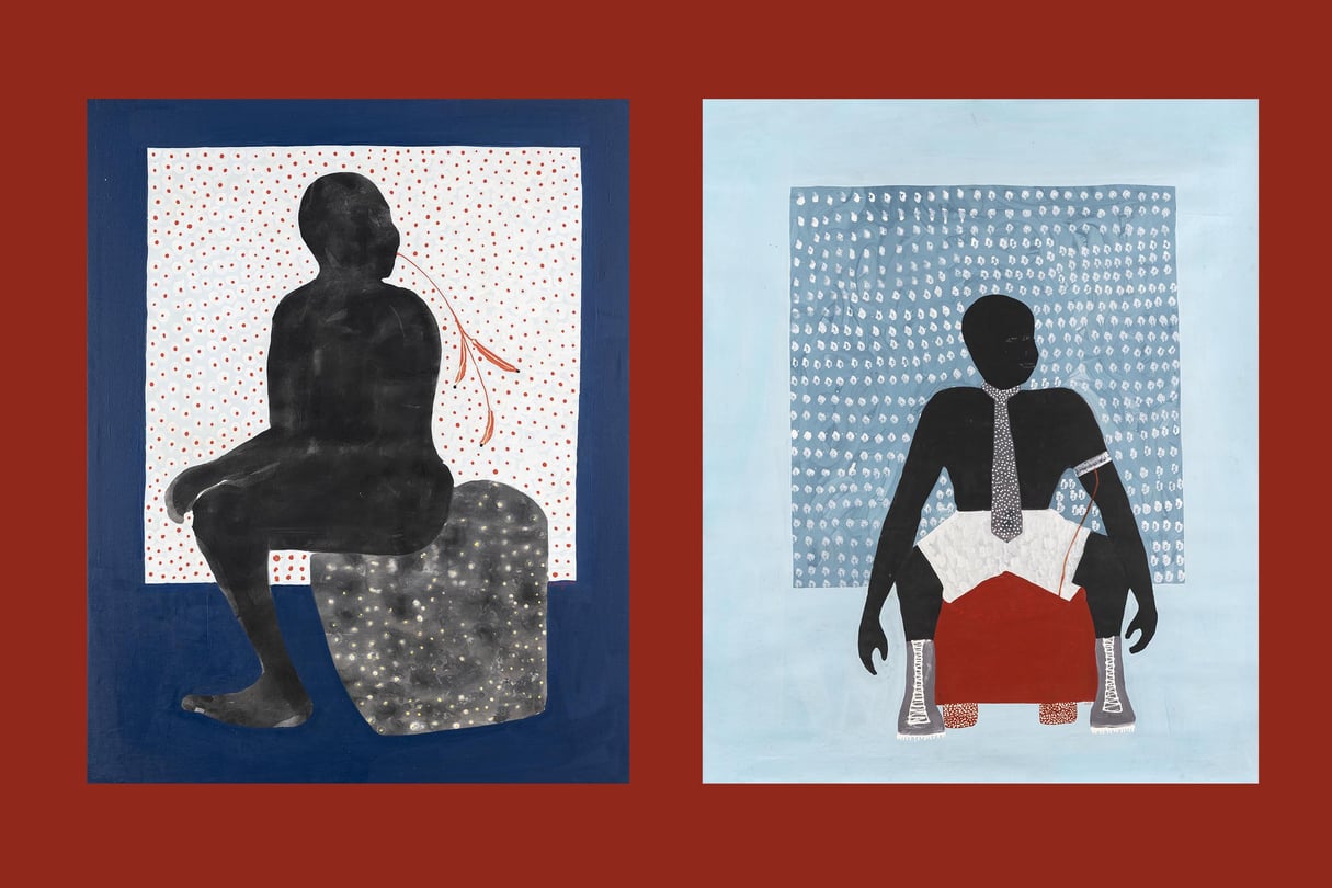 « La Peur » (2023) et « On peut s’en sortir, deux acryliques sur toile. &copy; Montage JA; Studio Louis Delbaere, Courtesy Galerie MAGNIN-A, Paris