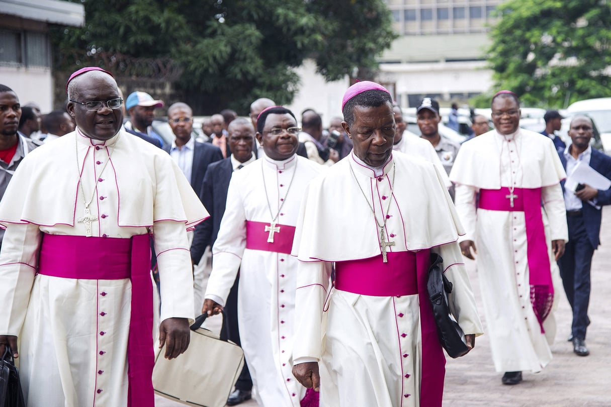 Marcel Utembi (deuxième à gauche), archevêque de Kisangani et président de la Conférence épiscopale nationale du Congo (Cenco) à Kinshasa, le 1er janvier 2017. © JUNIOR D. KANNAH/AFP