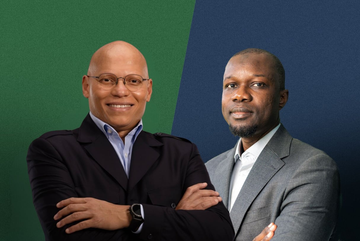 Les candidatures de Karim Wade et de Ousmane Sonko à la présidentielle de février 2024 au Sénégal ont été écartées. © Photomontage : Jeune Afrique