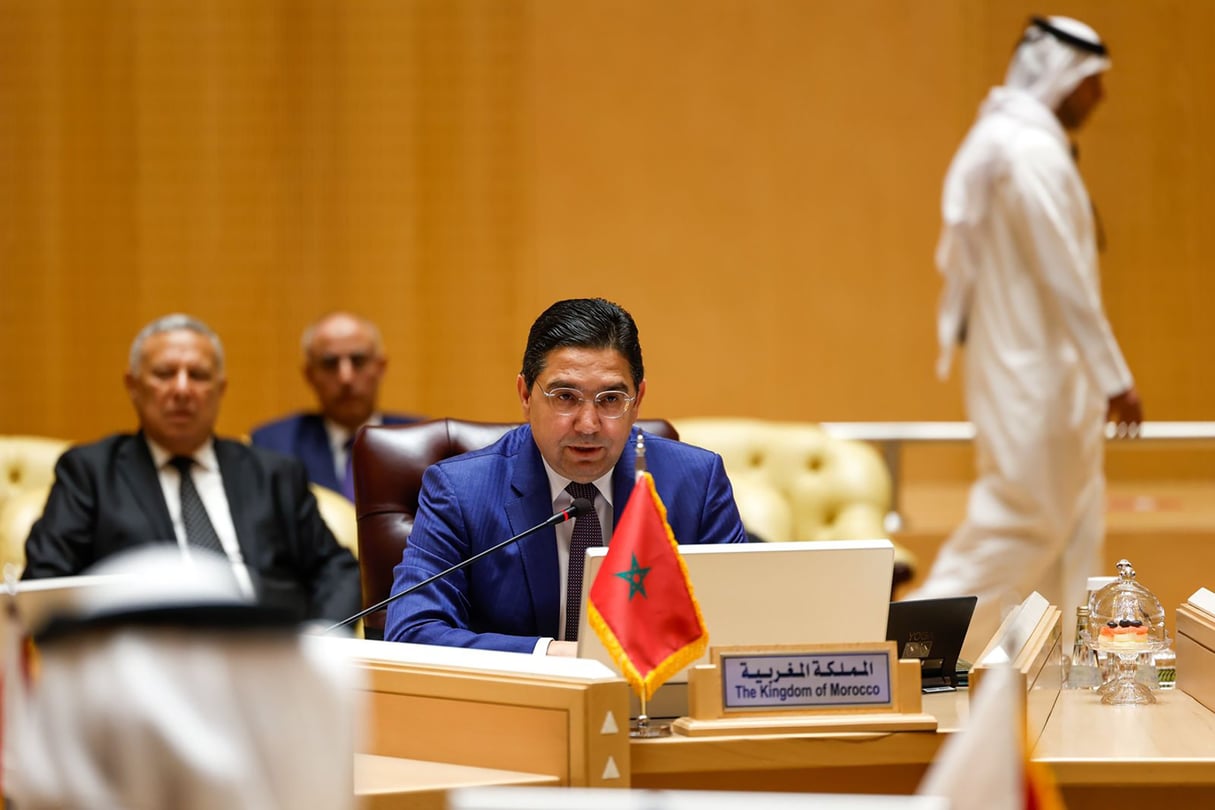 Le ministre marocain des Affaires étrangères, Nasser Bourita, lors d’une réunion ministérielle conjointe avec le Conseil de coopération du Golfe, le 3 mars 2024, à Riyad, en Arabie saoudite. © Maroc Diplomatie