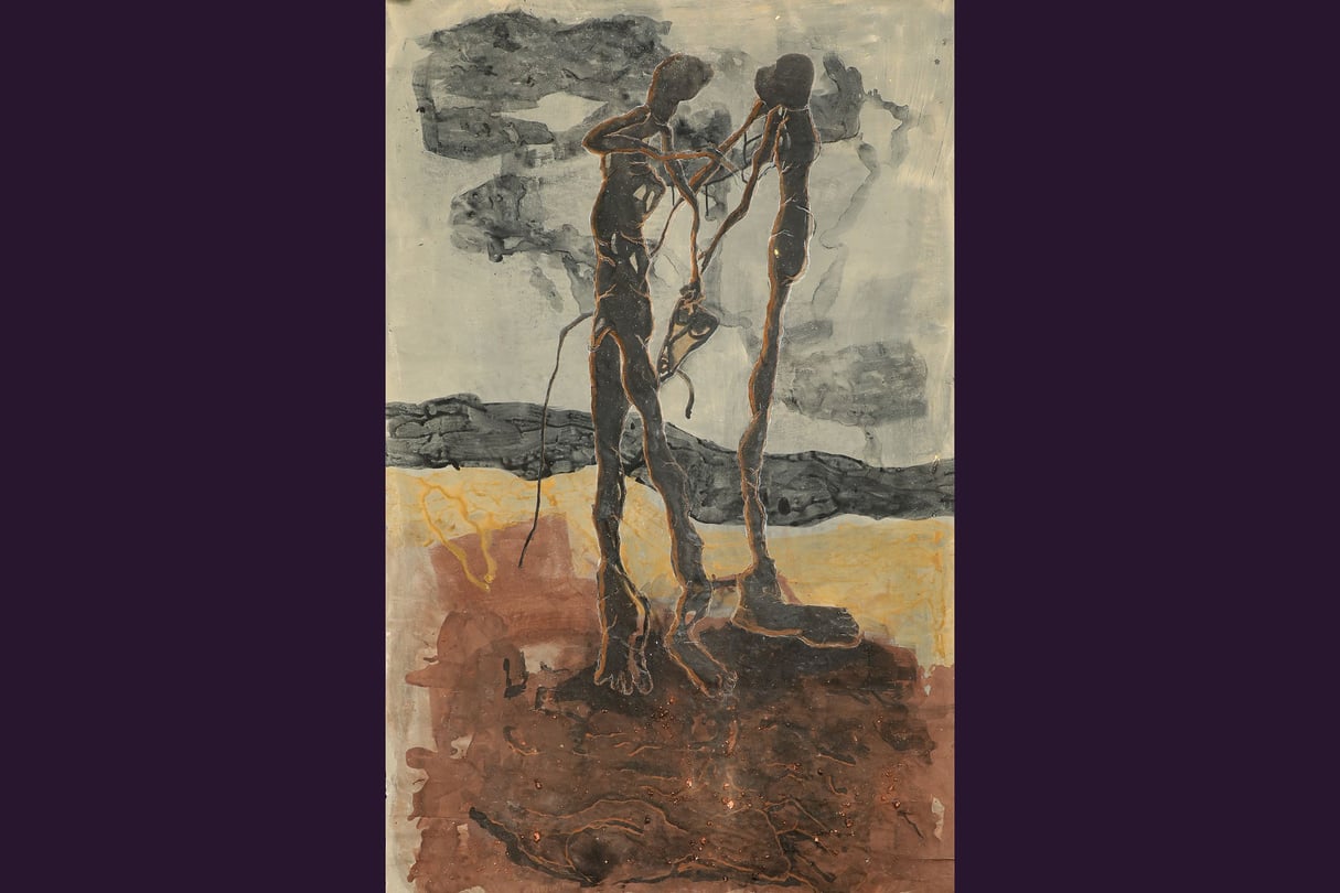 Sans titre, Amahiguéré Dolo, 2018-2019, Huile et matériaux organiques sur toile, 212 x 135 cm. &copy; Courtesy Galerie CHRISTOPHE PERSON