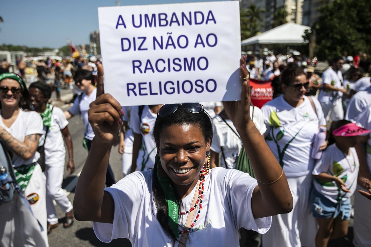 Manifestation pour la défense de la liberté religieuse, sur la plage de Copacabana, à Rio de Janeiro, au Brésil, le 17 septembre 2023. &copy; Bruna Prado/AP/SIPA