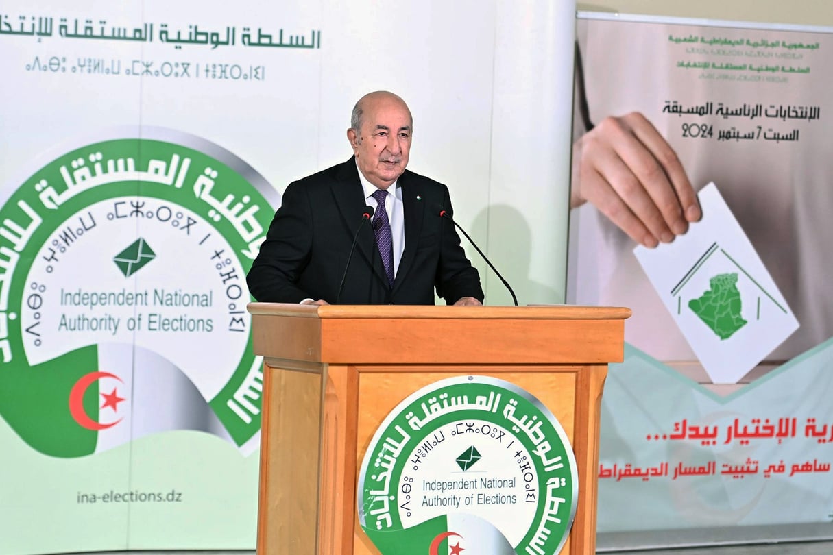 Abdelmadjid Tebboune au siège de l’Anie, où il a déposé, le 25 juillet, son dossier de déclaration de candidature à l’élection présidentielle algérienne du 7 septembre 2024. © PPA AGENCY/SIPA