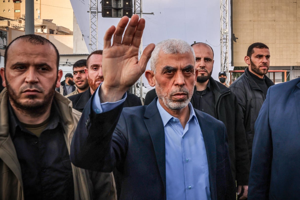 Yahya Sinwar, lors d’un rassemblement dans la ville de Gaza, en avril 2023. © Mohammed Abed / AFP