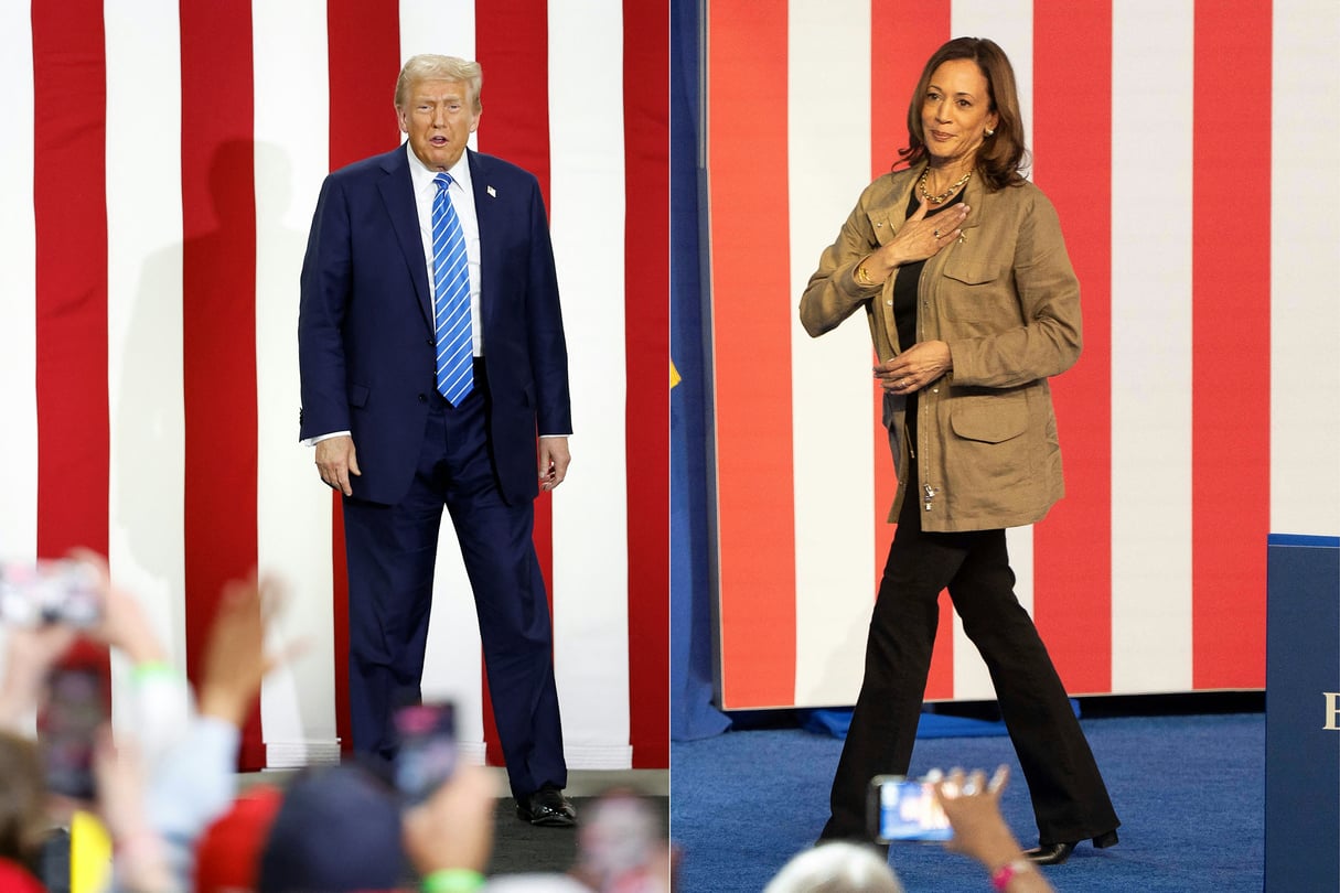 Donald Trump à Waunakee dans le Wisconsin, le 1er octobre 2024 et Kamala Harris à Douglas en Arizona, le 27 septembre 2024. © Montage. KAMIL KRZACZYNSKI and Rebecca NOBLE/AFP