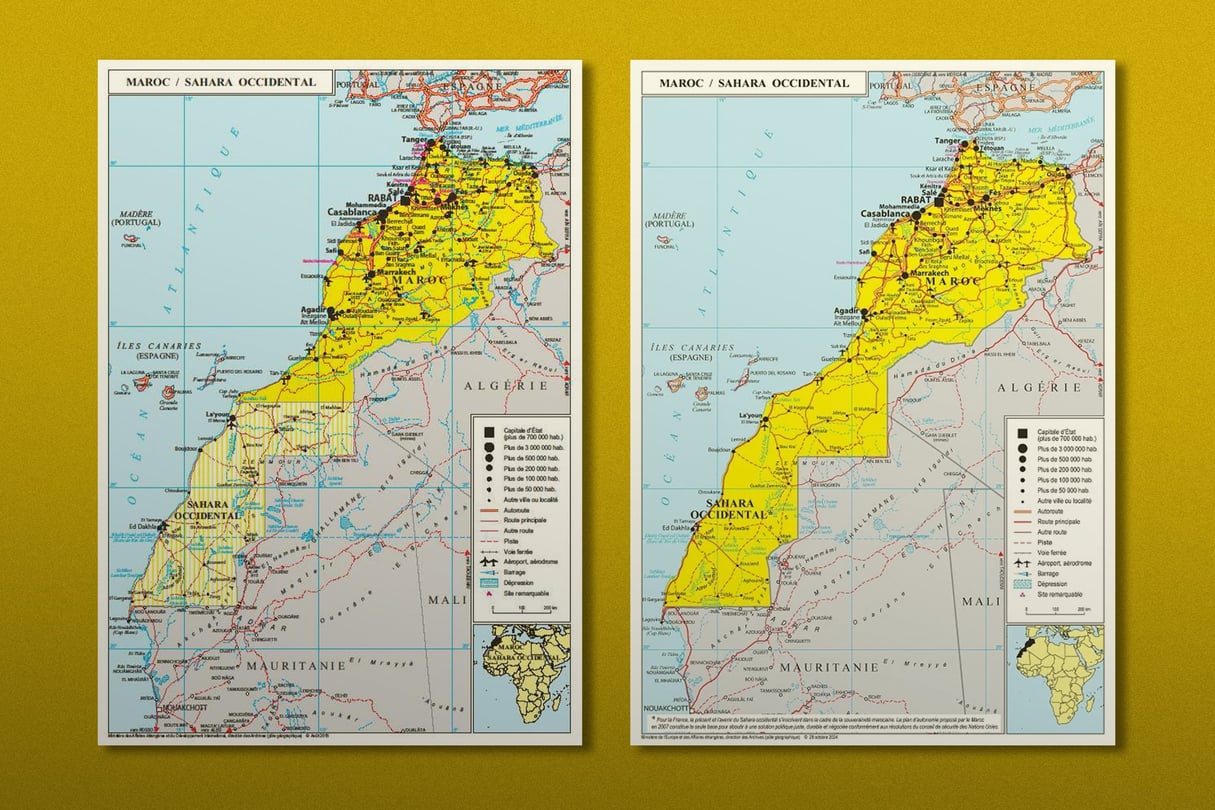 À gauche, la carte du Maroc telle qu’elle figurait encore fin août sur la page consacrée au Maroc sur le site du ministère français des Affaires étrangères. À droite, la carte affichée ce 30 octobre au matin.