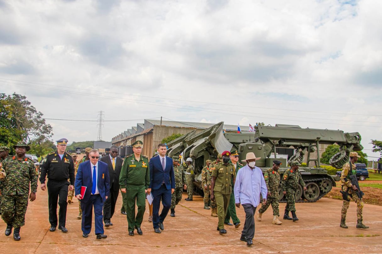 Ugandan President Yoweri Museveni alongside Russian military officials during the handover ceremony of $53m worth of military equipment from Russia, held in Kampala, October 2025.