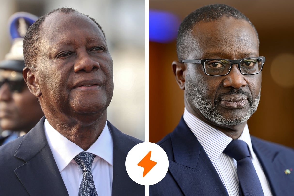 Alassane Ouattara (à g.), le chef de l’État ivoirien, et l’opposant Tidjane Thiam, patron du PDCI. © MONTAGE JA ; Ludovic MARIN / AFP ;  JOHN THYS / AFP