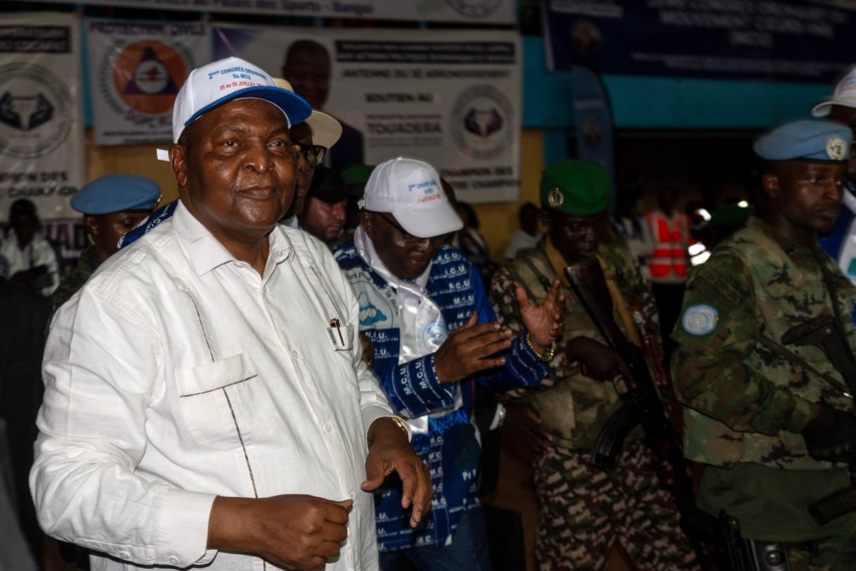 Le président centrafricain Faustin Archange Touadéra à la conférence du Mouvement des cœurs unis (MCU) à Bangui, le 26 juillet 2025.