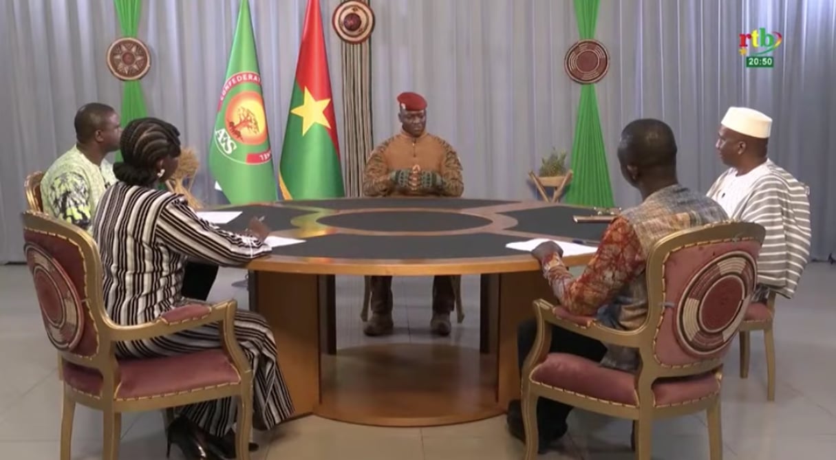 Captain Ibrahim Traoré, head of Burkina Faso's transitional government, during his latest interview with the national broadcaster on April 2, 2026.