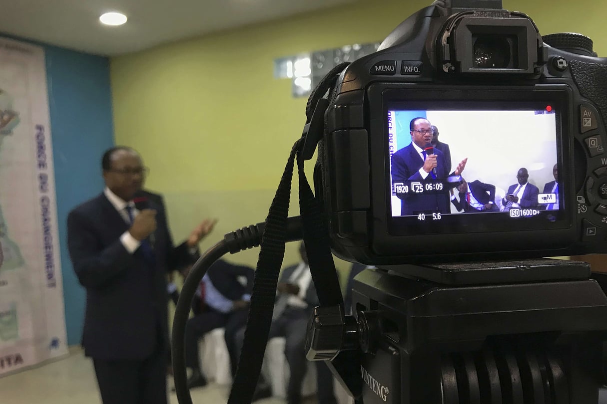 Noël Tshiani, candidat à la présidence, s’adresse à ses partisans lors d’un meeting de campagne à Kinshasa, le 11 décembre 2018. © Khaled Kazziha/AP/SIPA