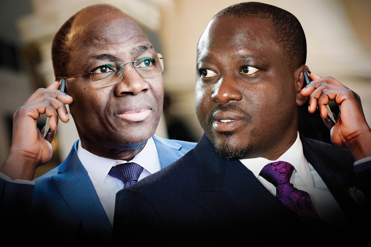 Djibrill Bassolé (à g.) et Guillaume Soro se connaissent depuis longtemps. Ils n’ont pas nié s’être parlé à plusieurs reprises en septembre 2015. © CAMILLE MILLERAND POUR J.A. ;  SIA KAMBOU/AFP