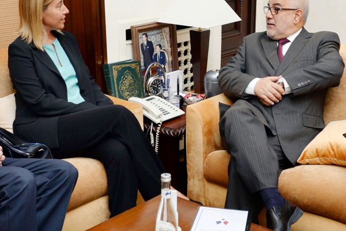 Federica Mogherini, la chef de la diplomatie européenne et Abdelilah Benkirane, le chef du gouvernement marocain, à Rabat, en juillet 2015. © Fadel Senna / EU