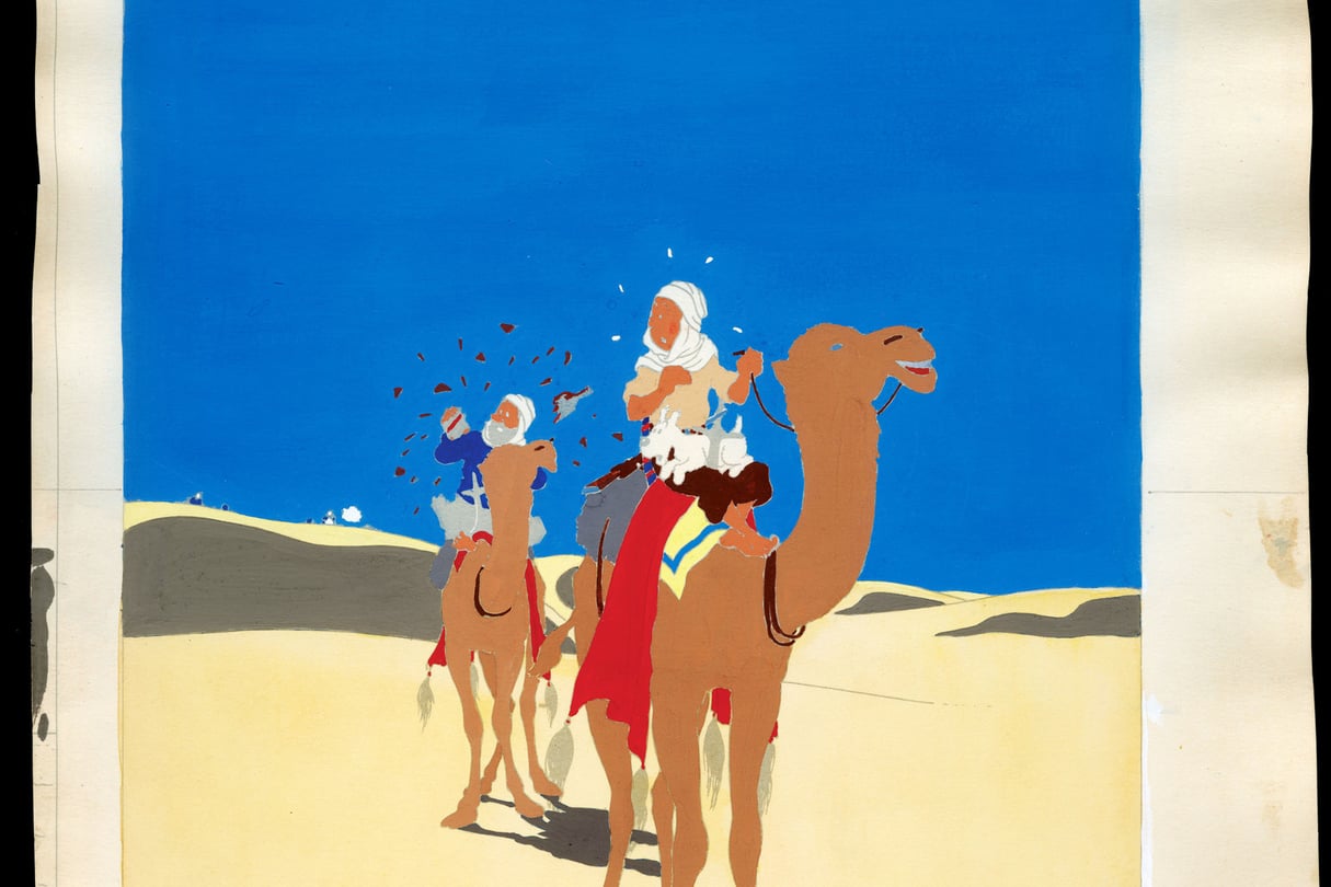 Bleu de coloriage de l’illustration de couverture de l’album Le Crabe aux pinces d’or, gouache sur épreuve imprimée, 1942. © Hergé Moulinsart 2016