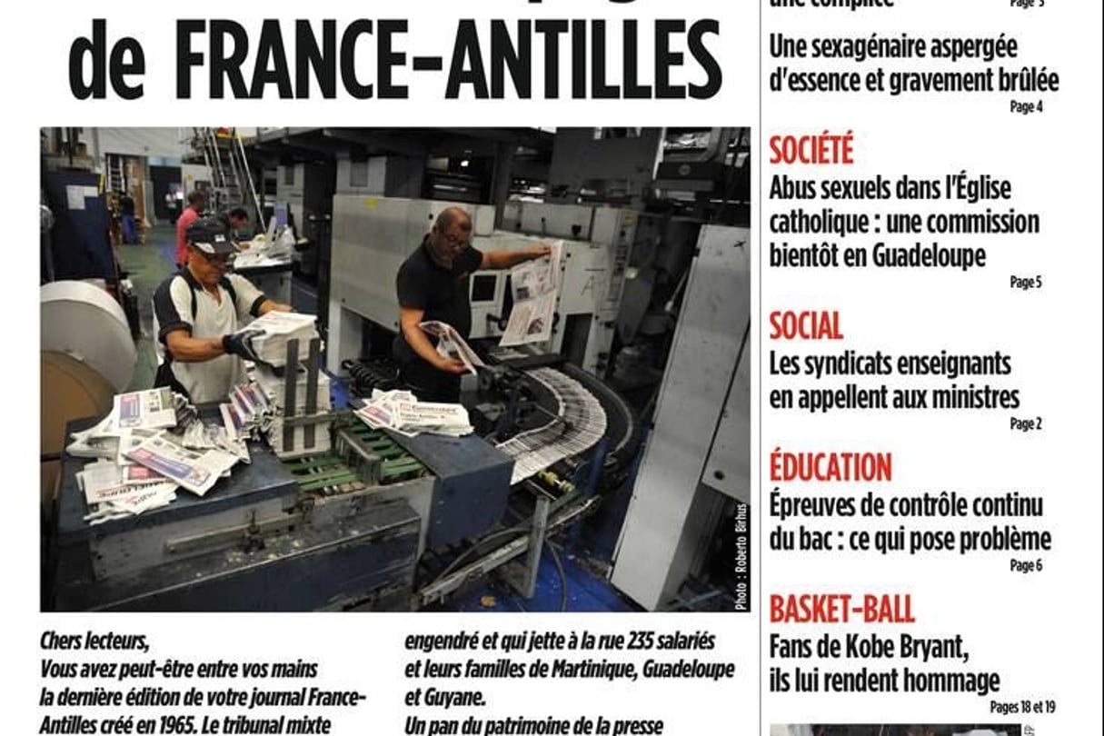 La couverture de l’édition de France-Antilles annonçant la mise en liquidation judiciaire du journal. © DR / Groupe France-Antilles