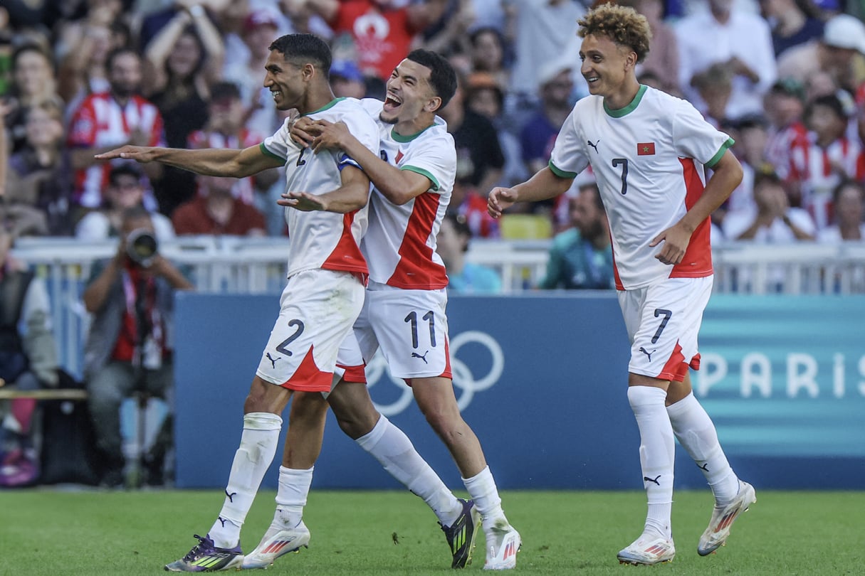  Morocco’s defender #02 Achraf Hakimi celebrates scoring his team’s sixth goal in the men’s bronze medal football match between Egypt and Morocco during the Paris 2024 Olympic Games at the La Beaujoire Stadium in Nantes on August 8, 2024.
© Alain JOCARD / AFP