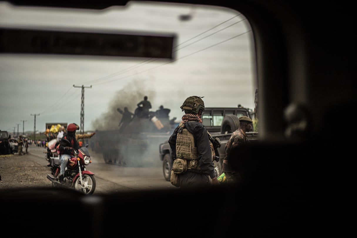 Des soldats des Forces armées de la République démocratique du Congo en direction de Saké, le 23 janvier 2025. © Jospin Mwisha / AFP