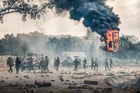 Des membres des forces de sécurité kényanes se rassemblent près d’un panneau d’affichage en feu dans le centre de Nairobi le 25 juin 2025, lors d’une journée de protestations prévue pour marquer le premier anniversaire de la prise d’assaut du Parlement.