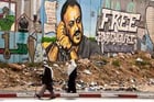 Graffiti à la gloire de M. Barghouti, au check-point de Kalandia, entre Jérusalem et Ramallah. © Maya Hitij/AP