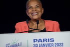Christiane Taubira, candidate a l’election presidentielle 2022, suite a l’annonce des résultats du vote de la Primaire populaire de la gauche, à Paris, le 30 janvier 2022. © ISA HARSIN/SIPA