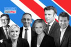 Jean-Luc Mélenchon, Marine Le Pen, Eric Zemmour, Valérie Pécresse, Emmanuel Macron et Yannick Jadot. © Photomontage : Jeune Afrique