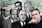 De g. à dr. : Mohamed Seddik Benyahia, Krim Belkacem, Saad Dahleb, le général de Gaulle, Louis Joxe et Benjamin Stora © Montage JA : AFP; Keystone-Gamma via Getty (X2); Lochon/Gamma via Getty; DR