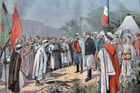Le général Hubert Lyautey (1854-1934) obtenant la soumission d’une tribu rebelle du Sahara, au Maroc. Gravure parue dans « Le Petit Parisien », le 22 juillet 1906. © Selva/leemage via AFP