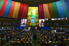 Diffusion d’une vidéo diffusée lors de la session d’ouverture du deuxième sommet sur les objectifs de développement durable (ODD) à New York, le 18 septembre 2023. © TIMOTHY A. CLARY / AFP