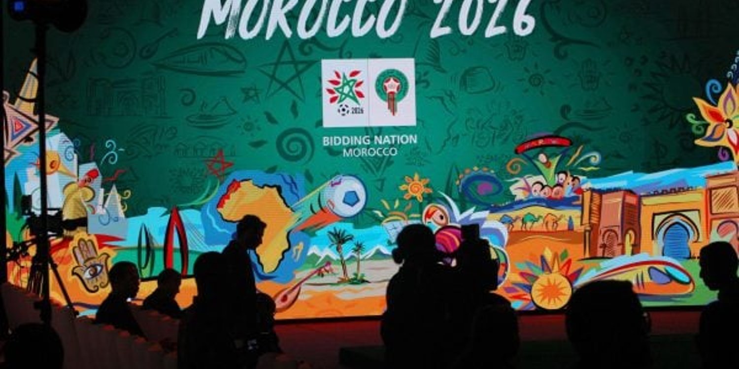 Logo du Maroc lors de la conférence de presse pour promouoir la candidature du Maroc pour la coupe du Monde de 2026. © Abdeljalil Bounhar/AP/SIPA
