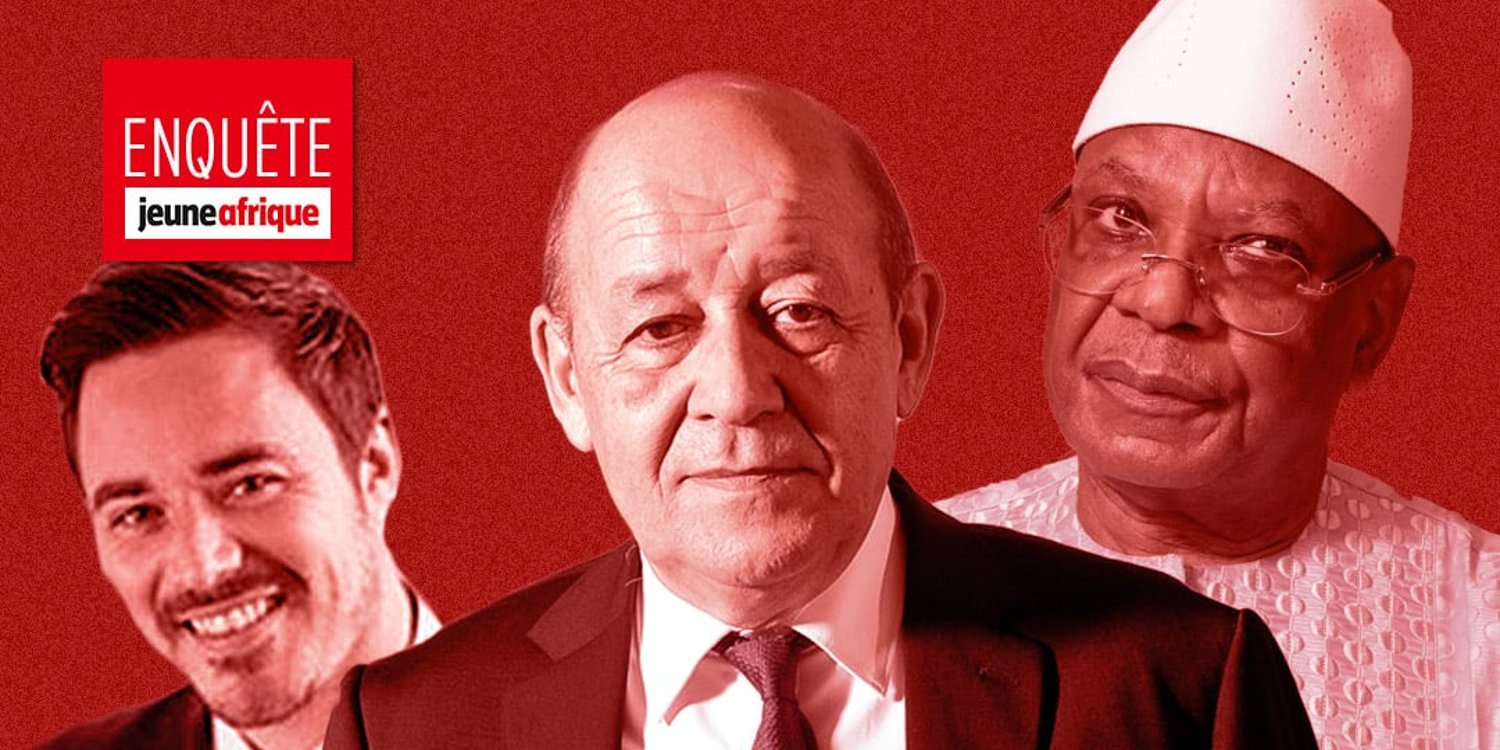 Jean-Yves Le Drian (c.), son fils Thomas (g.) et l’ex-président malien Ibrahim Boubacar Keïta (d.). © Photomontage : JA