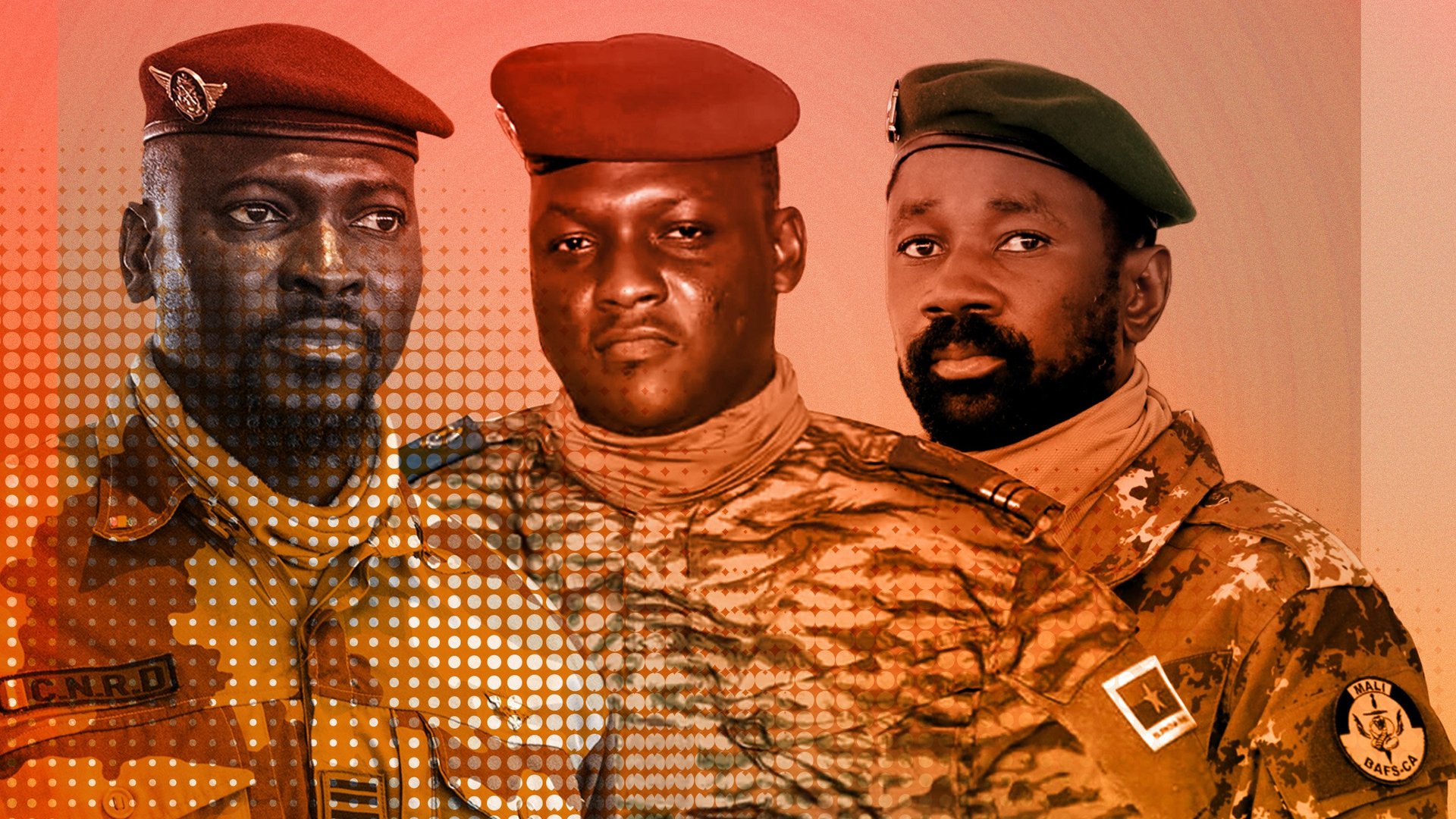 De g. à dr. : les chefs des juntes militaires en Guinée, Mamadi Doumbouya, au Mali, Assimi Goïta et au Burkina Faso, Ibrahim Traoré. © MONTAGE JA : JOHN WESSELS/AFP; PRESIDENCE BURKINA FASO; Francis Kokoroko/REUTERS